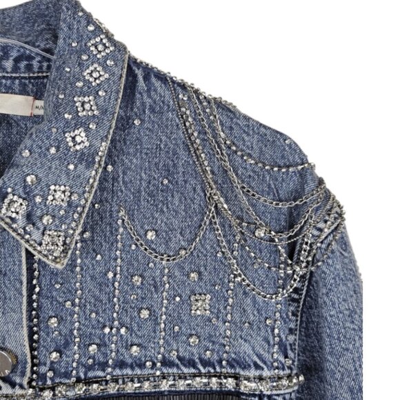 Alice + Olivia Embellished Denim Jean Jacket Crystals & Chains RARE Size M - Picture 6 of 15